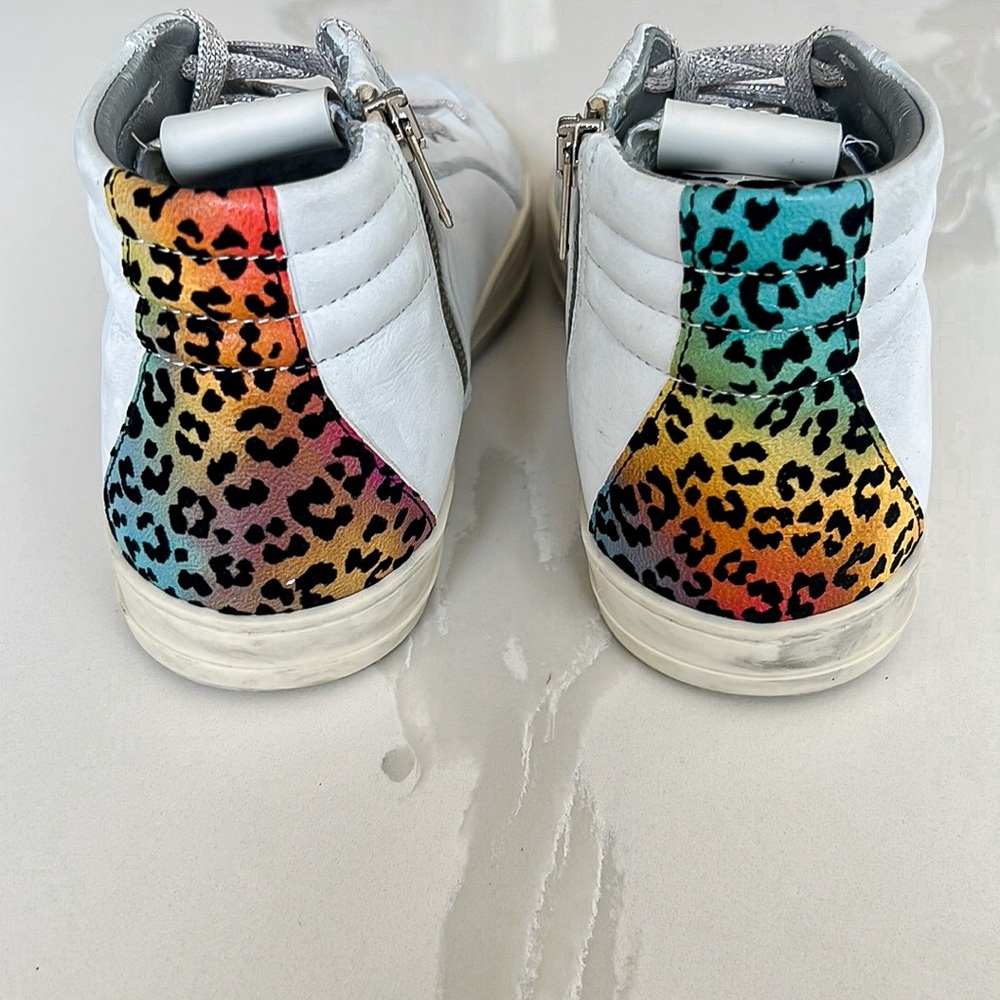 P448 White and Colorful Leopard Print High Top Sneaker Womens EU 38 US 7.5 - 8